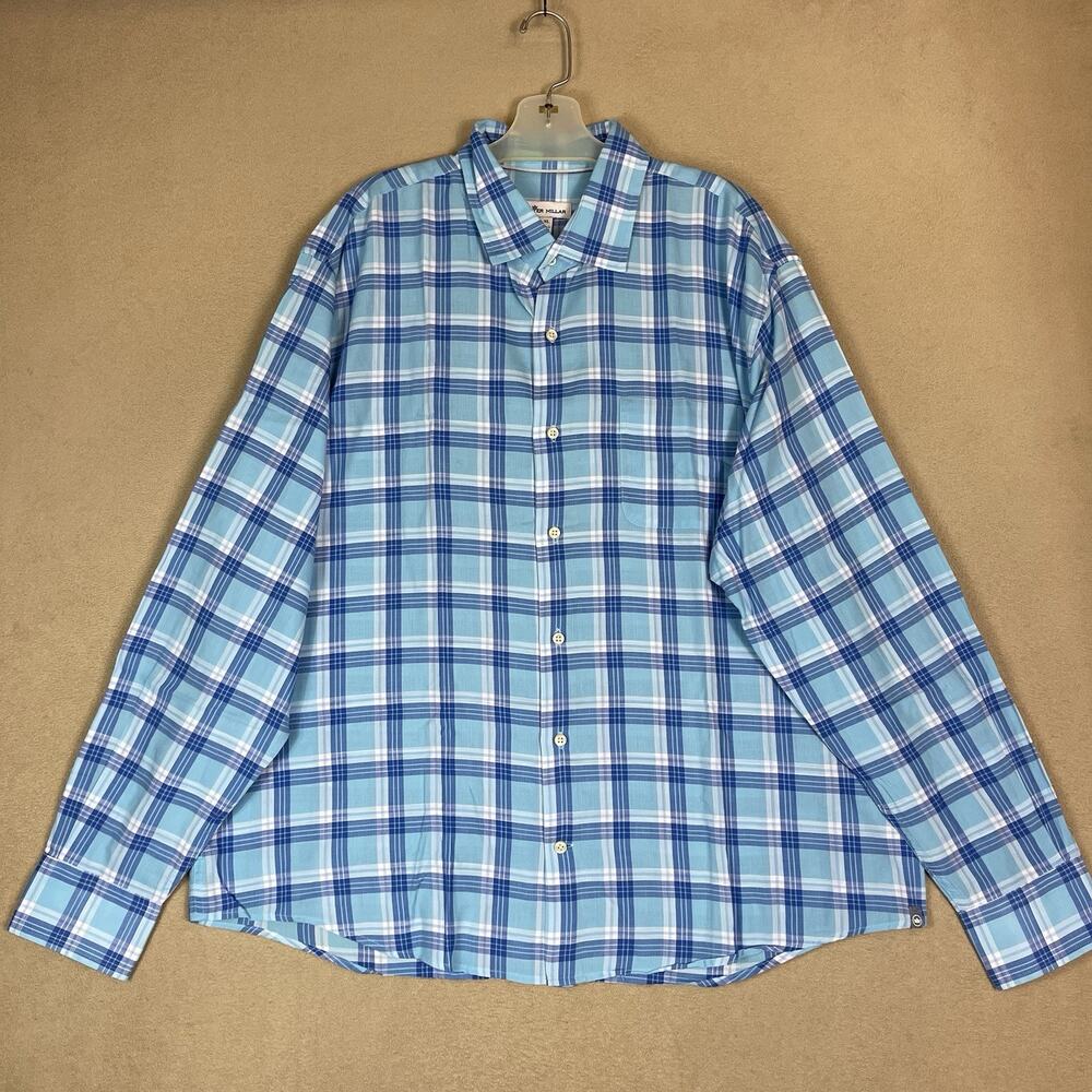 Peter Millar Shirt Mens XL Blue Plaid Crown Crafted‎ Long Sleeve Button Up